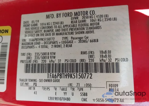 2019 Ford Mustang Ecoboost Premium из США, поврежденный, VIN 1FA6P8TH9K5150772